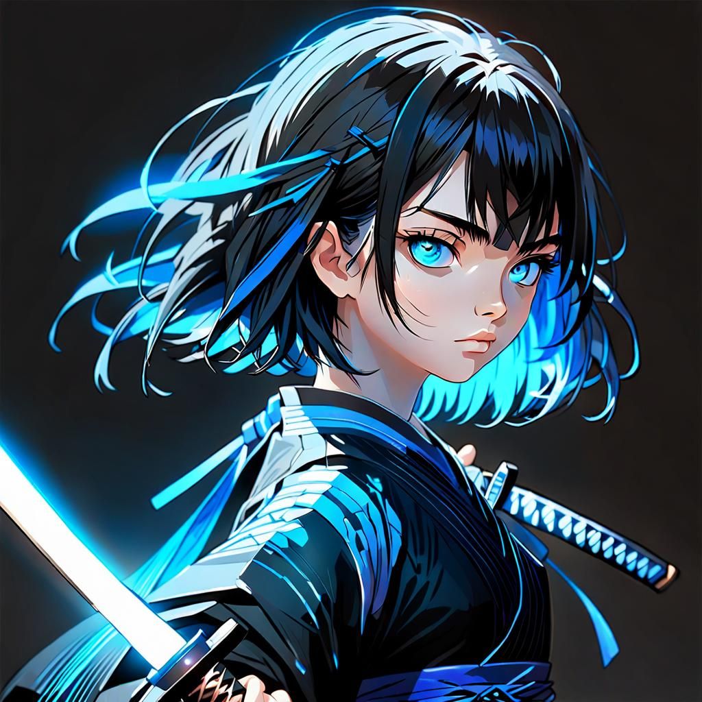Teenage Girl with Katana: Detailed Dark Fantasy Portrait