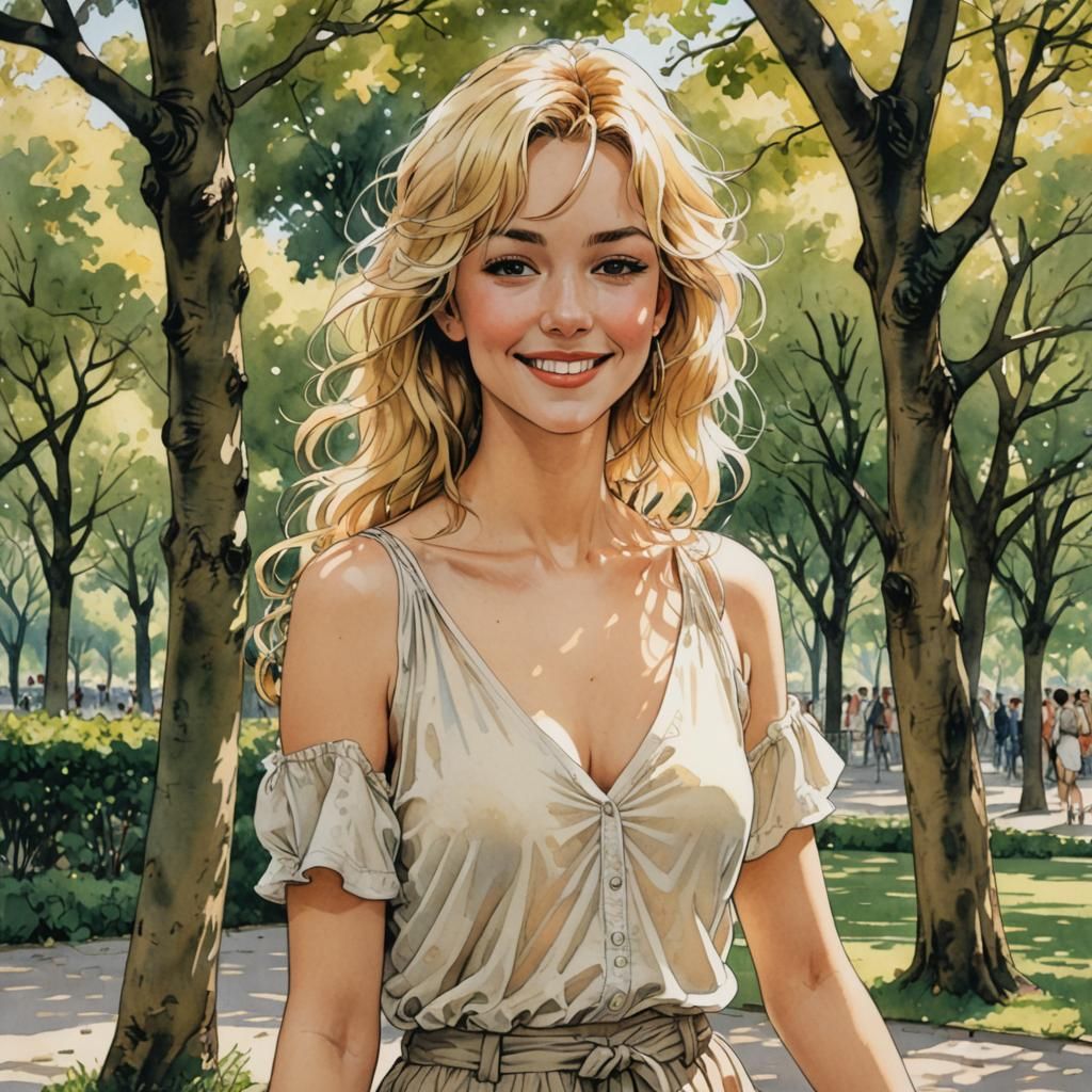 Smiling Blonde Nude in a Paris Park