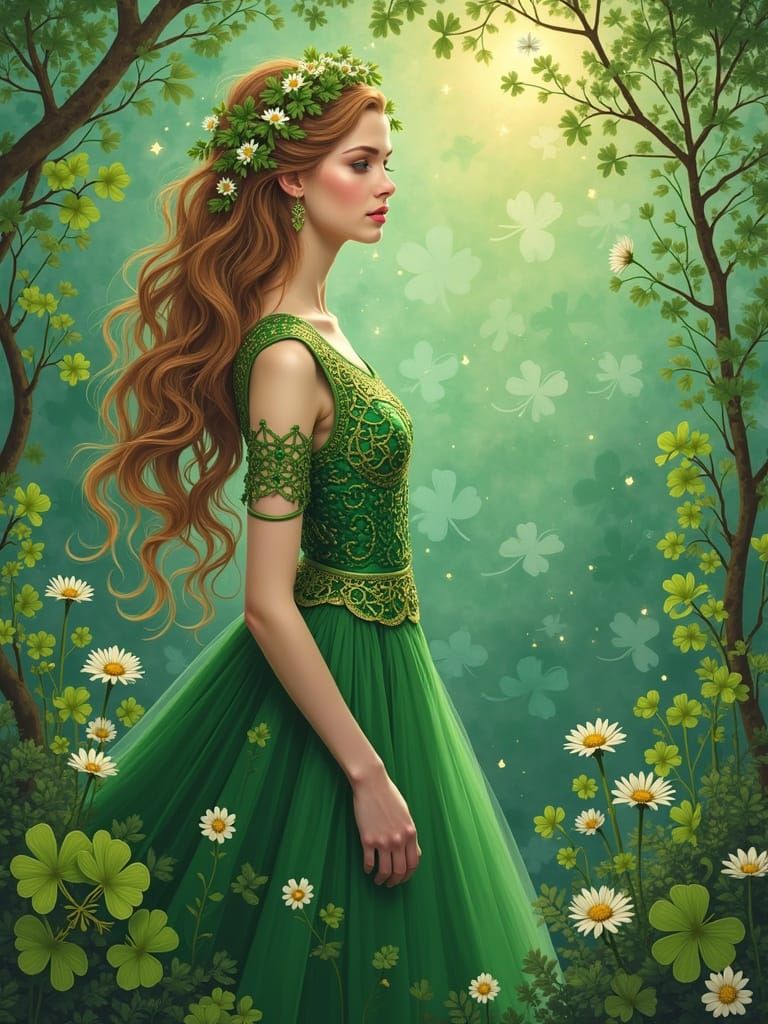 Lucky Irish Maiden in Whimsical Kleeblätter Pattern