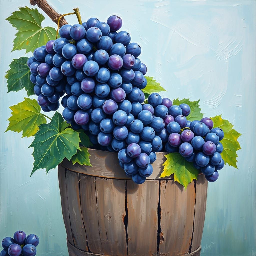 Vibrant Grapes in a Weathered Bucket, Post-Impressionist Sty...