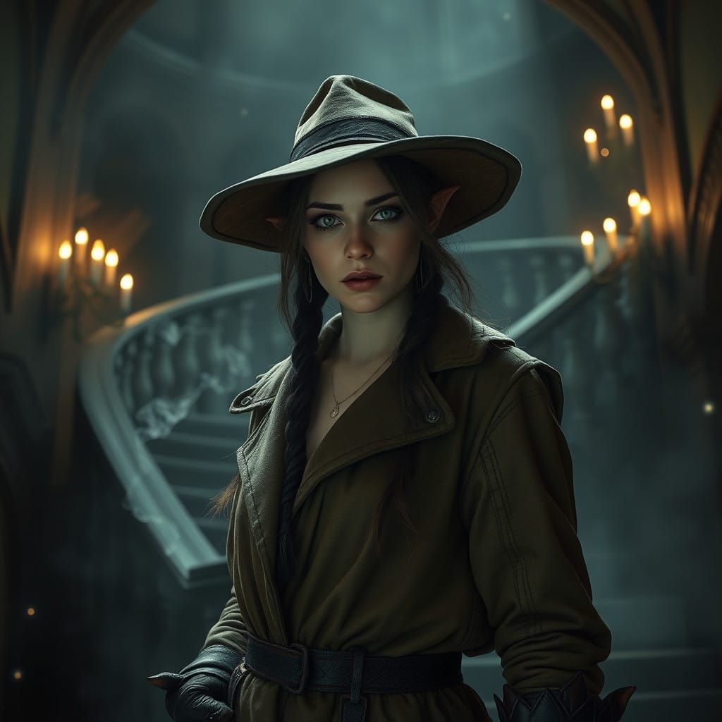 Resolute Half-Elf Gravedigger in Creepy Abandoned Mansion