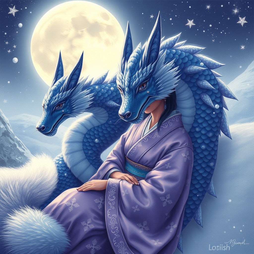 Fox Woman and Dragon in Winter Landscape, Digital Art