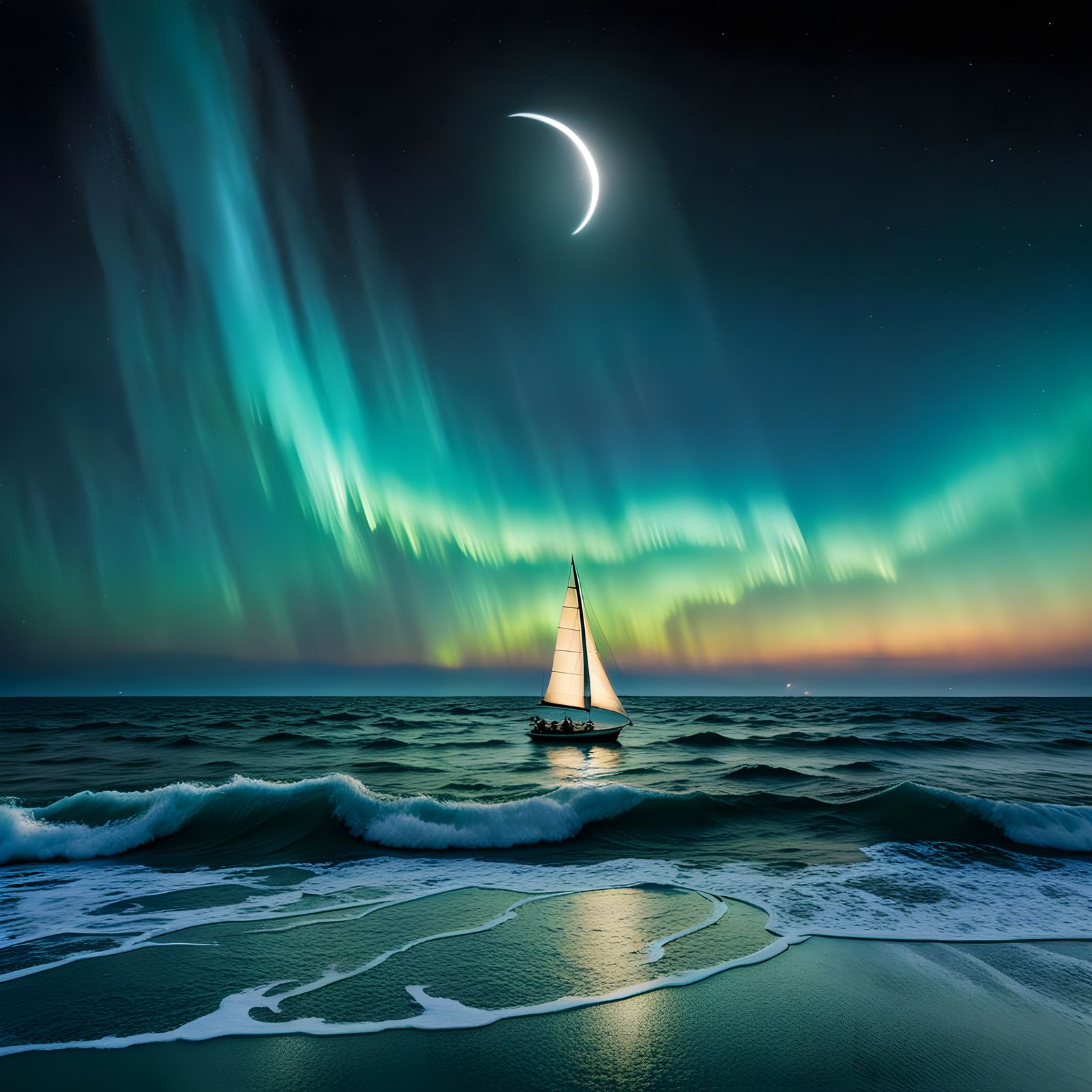 Cosmic Crescent Moon Rising Over Ocean Dreamscape