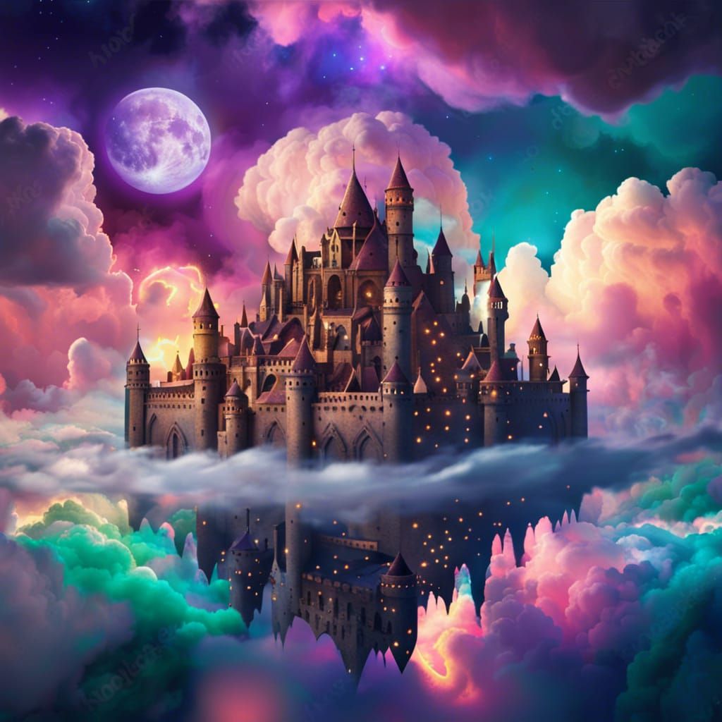 Magical Medieval City Floating in Iridescent Clouds