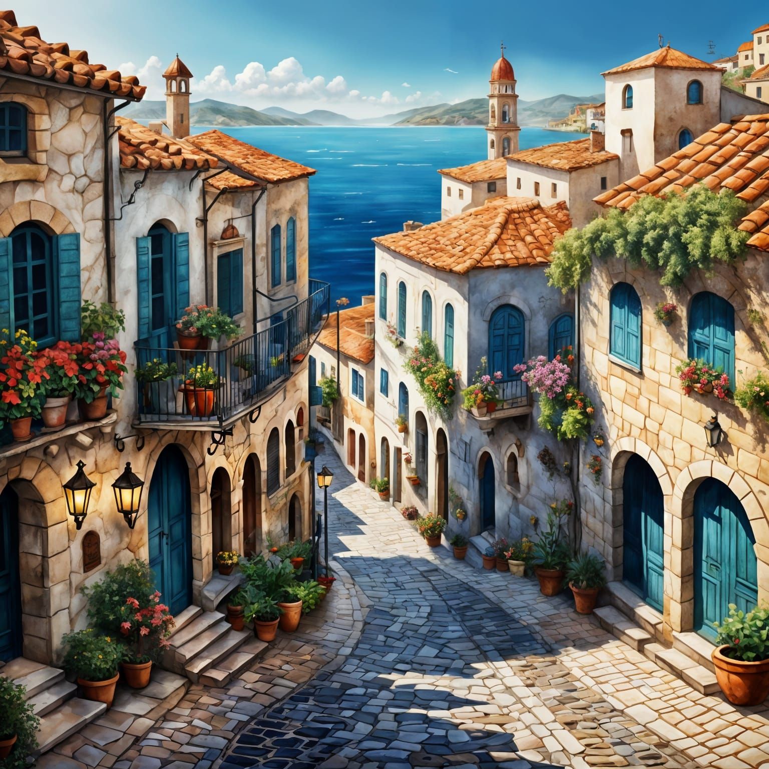 Charming Mediterranean Seaside Town Illustration
