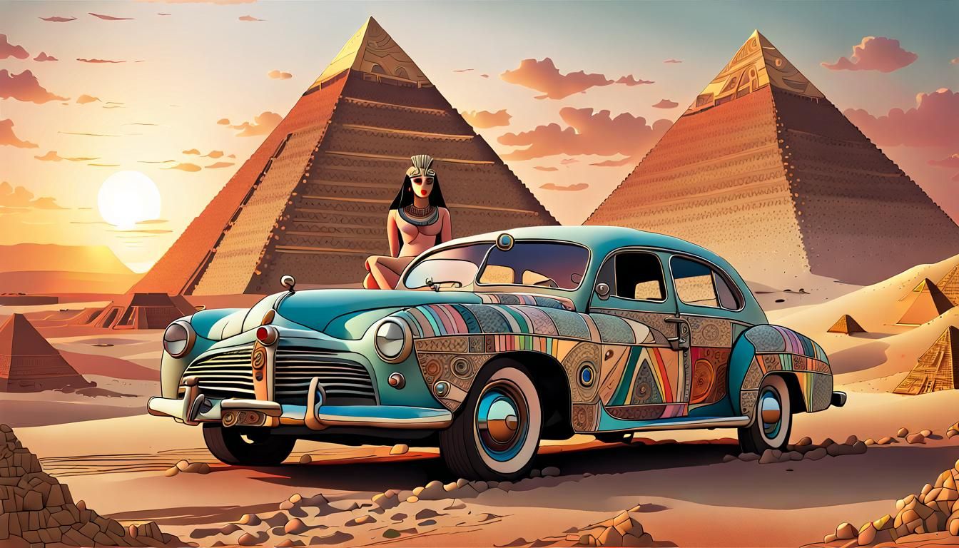 Oldtimer Car and Pyramid in Art Brut Style