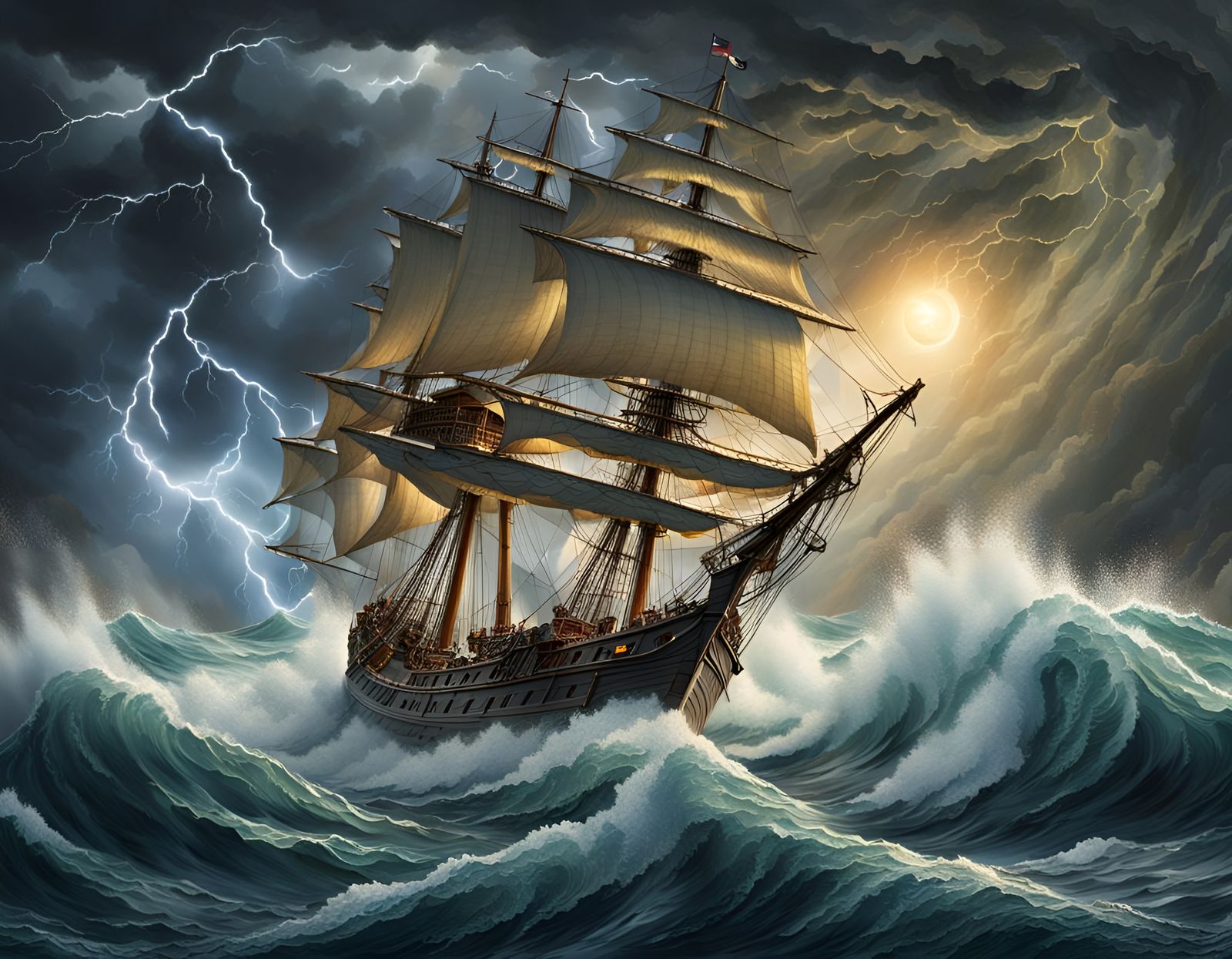 Sailing Ship Navigating Stormy Seas with Lightning