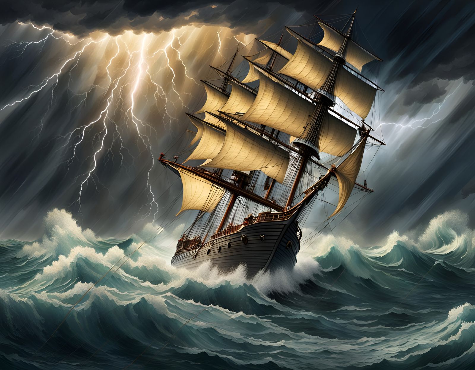 Sailing Ship Navigating Stormy Seas