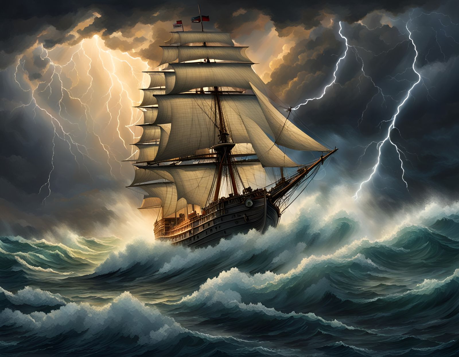 Old Sailing Ship Navigates Stormy Seas
