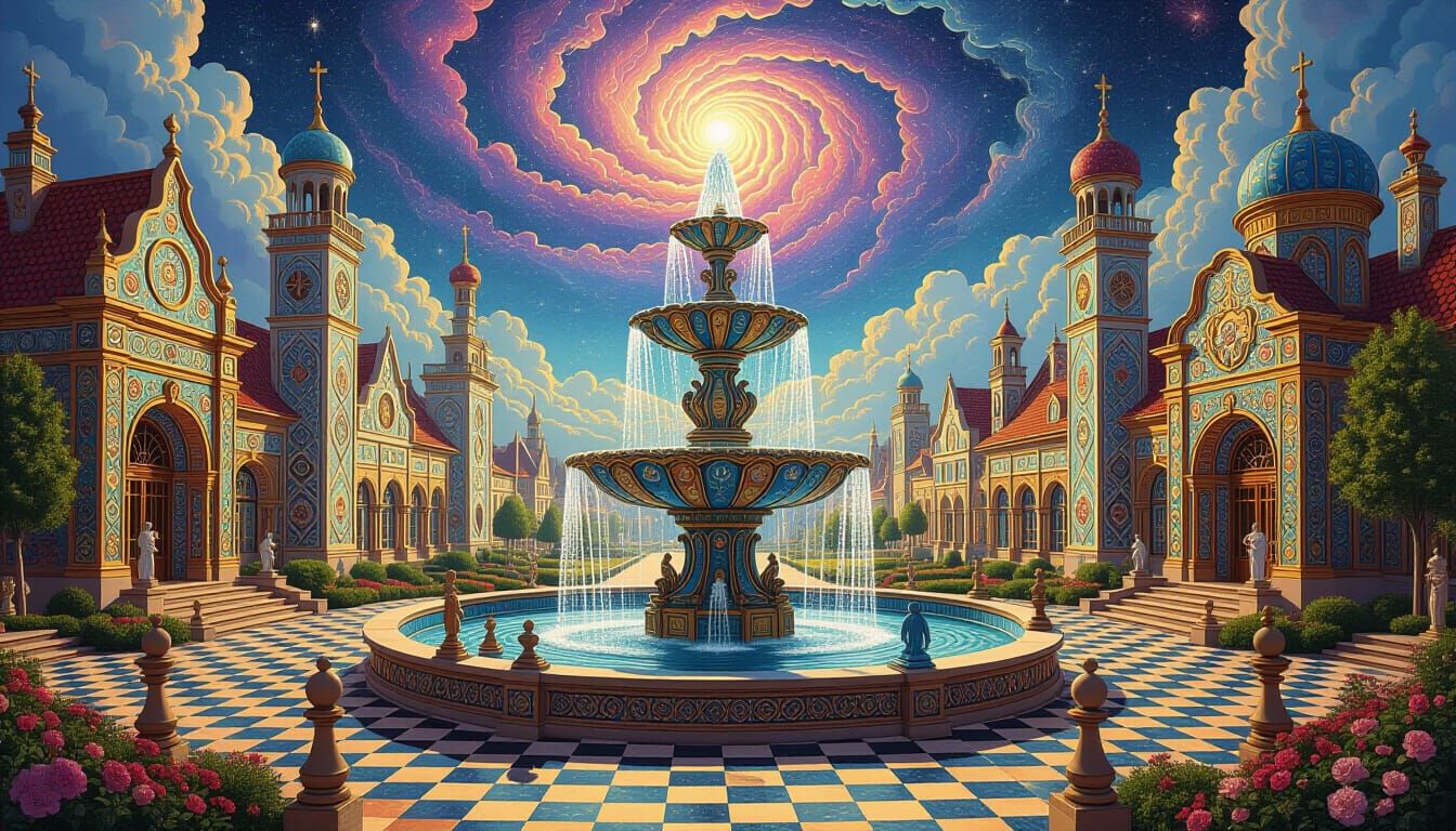Utopian City with Psychedelic Art and Geometric Patterns
