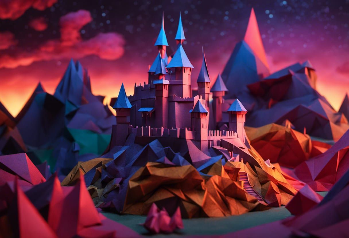 Origami Castle and Mountains in Horror Movie Style