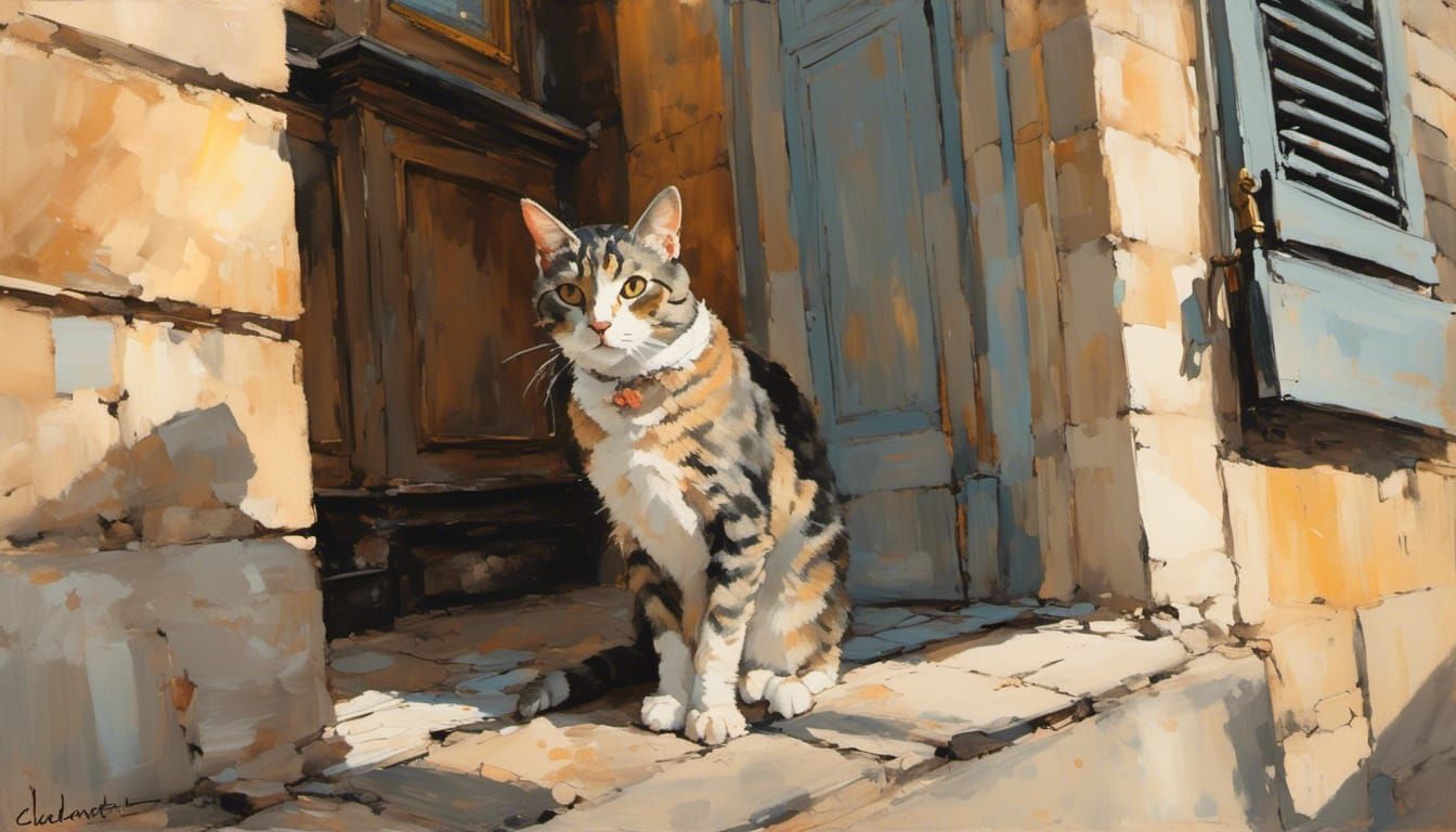 Tabby Cat Wandering Pigalle, Paris: Impressionist Painting