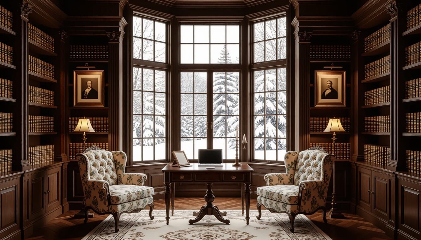 Opulent Victorian Library with Snowy Landscape View
