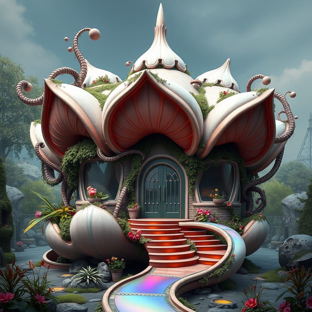 Surreal Futuristic Flower House in Vibrant, Hyper-Realistic...