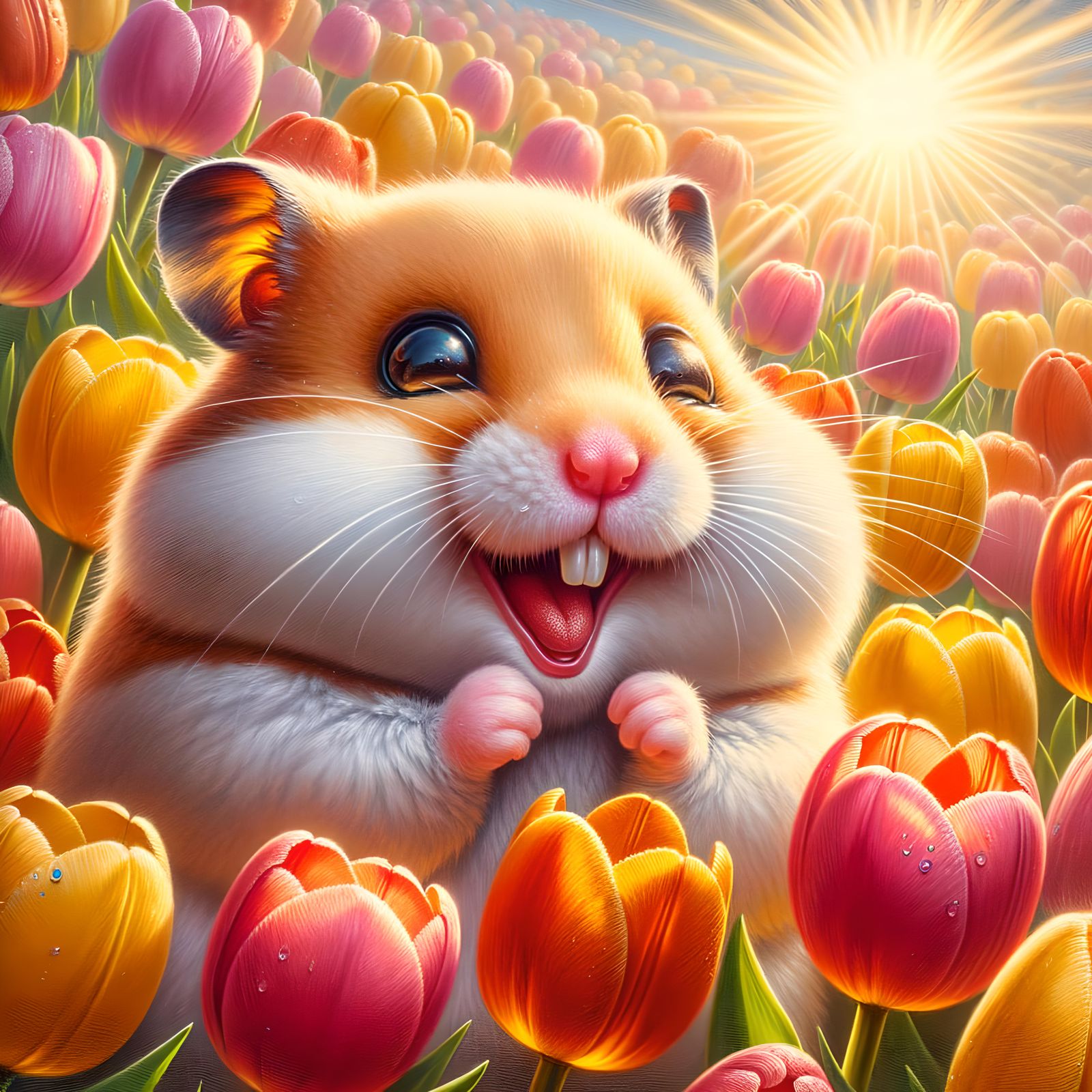 Happy Hamster in Tulips, Oil Painting Style