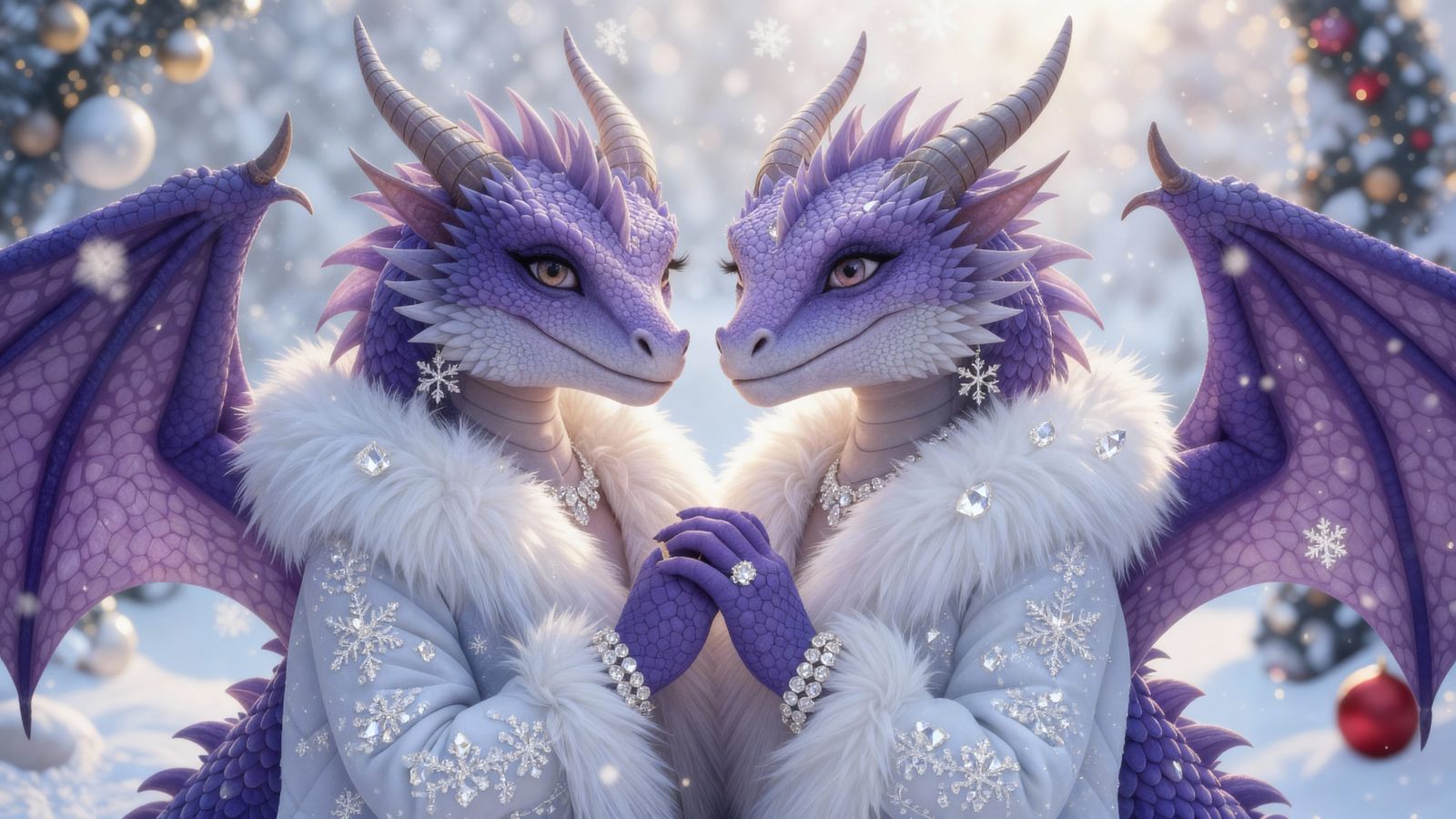 Two Purple Dragons in Snowy Christmas Scene