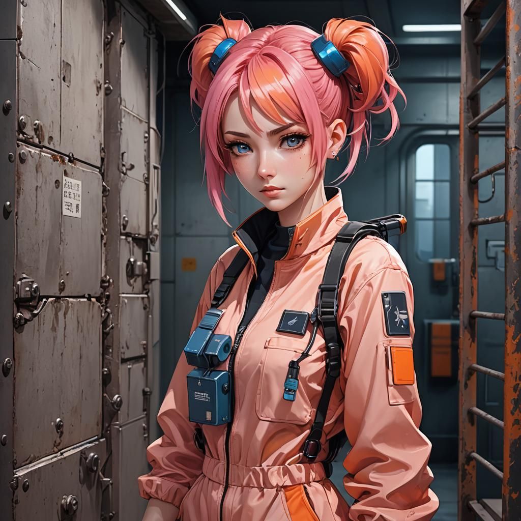 Anime Girl Inmate with Bomb Collar in Detailed Painting