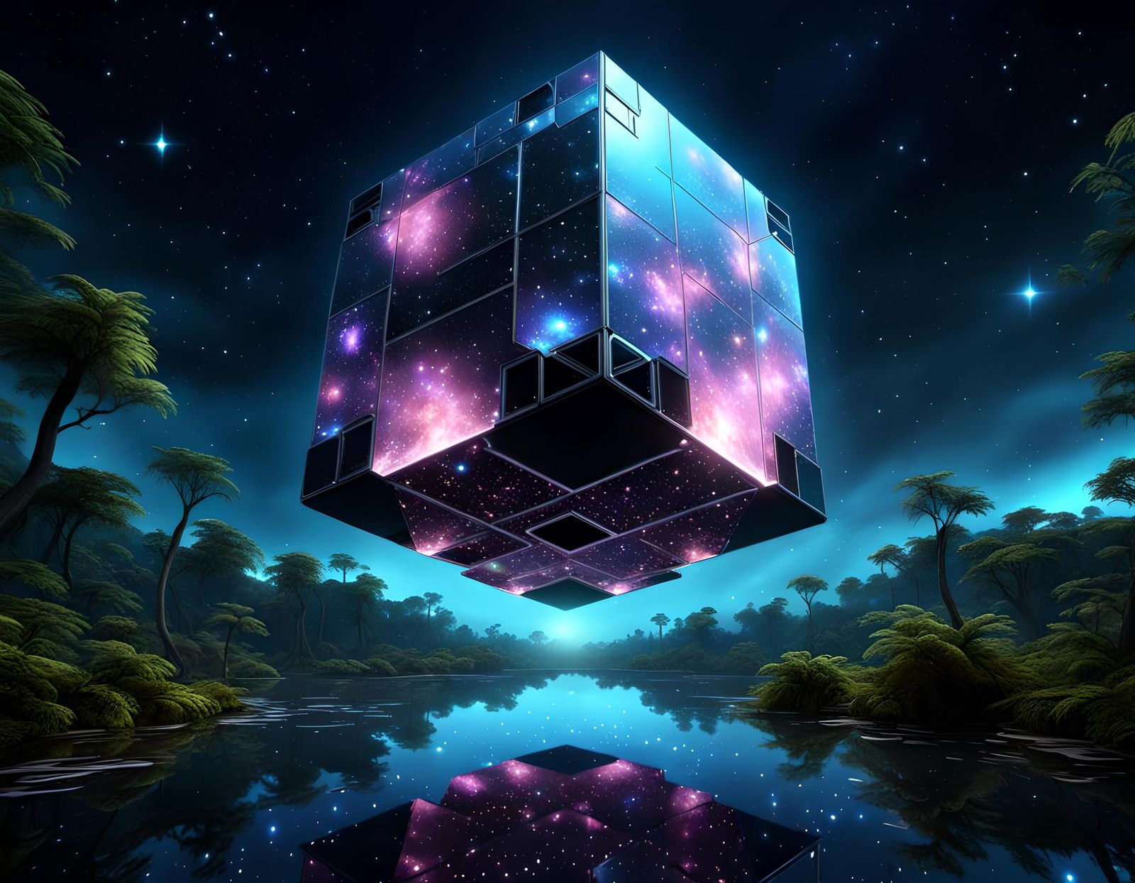 Futuristic Cube Spaceship over Enchanted Swamp