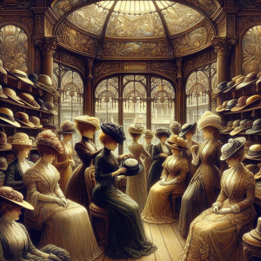 Elegant Ladies in Art Nouveau Hat Shop
