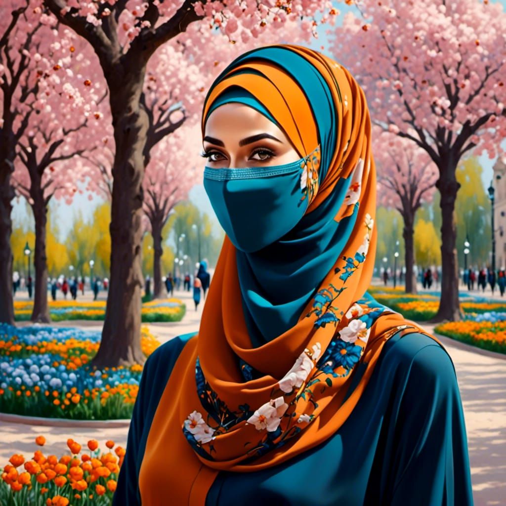 Beautiful Hijabi in Spring Park, Oil-Guache Style
