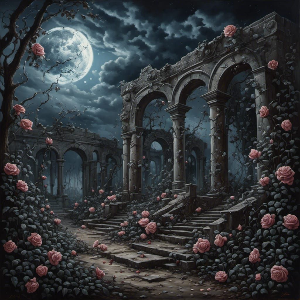 Moonlit Graveyard with Roses in Trompe-l'oeil Style