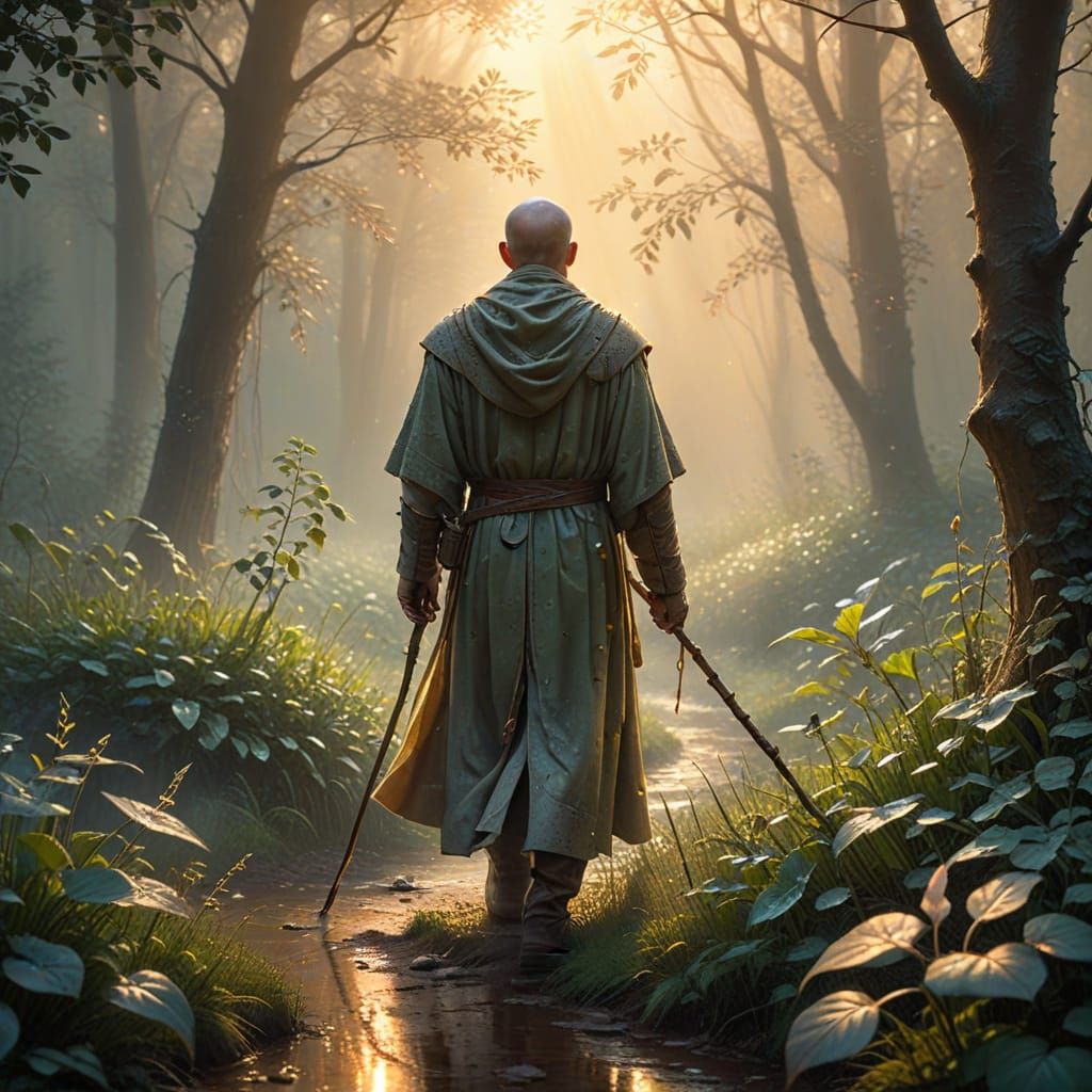 Monk's Serene Forest Journey at Sunrise