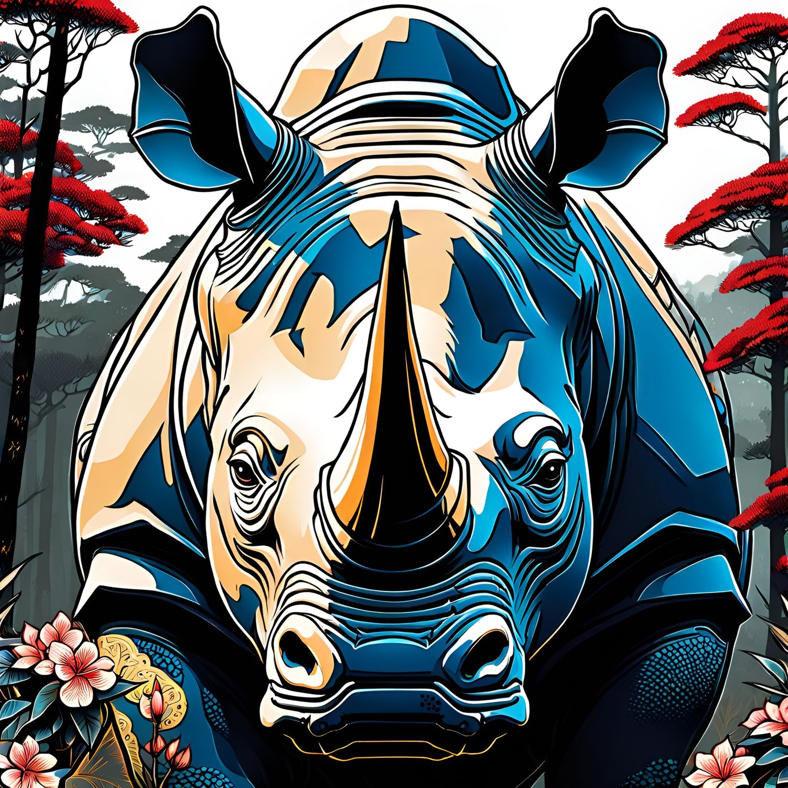 Close-up Rhino Head in Ukiyo-e Cyberpunk Forest