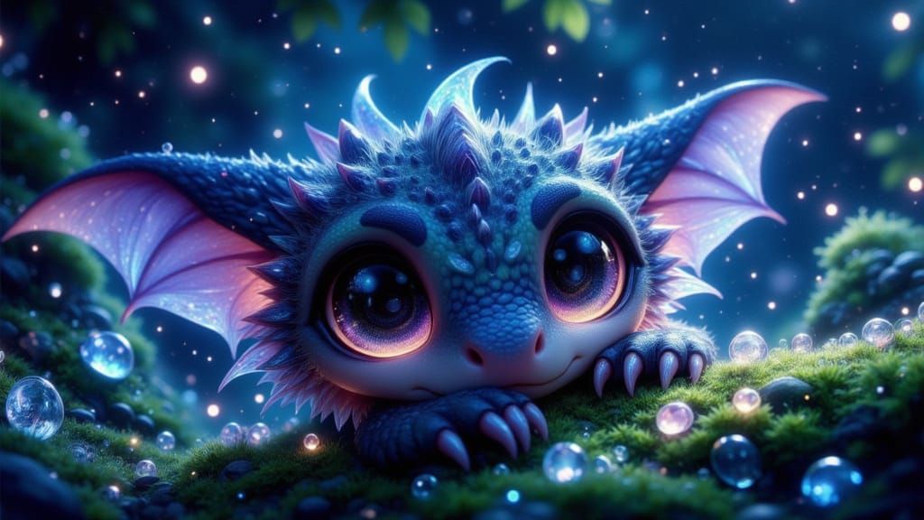 Bioluminescent Dragon Hatchling in Ghibli-Pixar Style