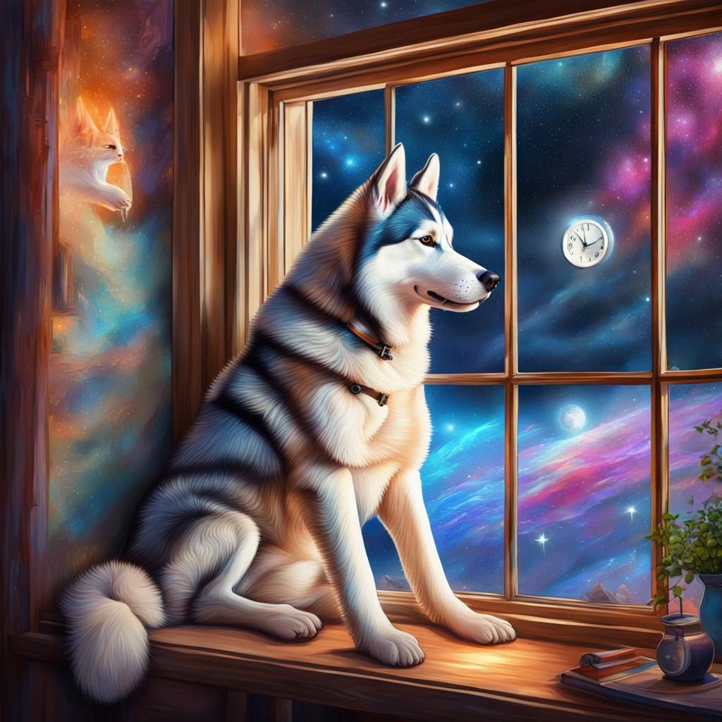 Cosmic Husky Waits by Window: Pablo Amaringo Style