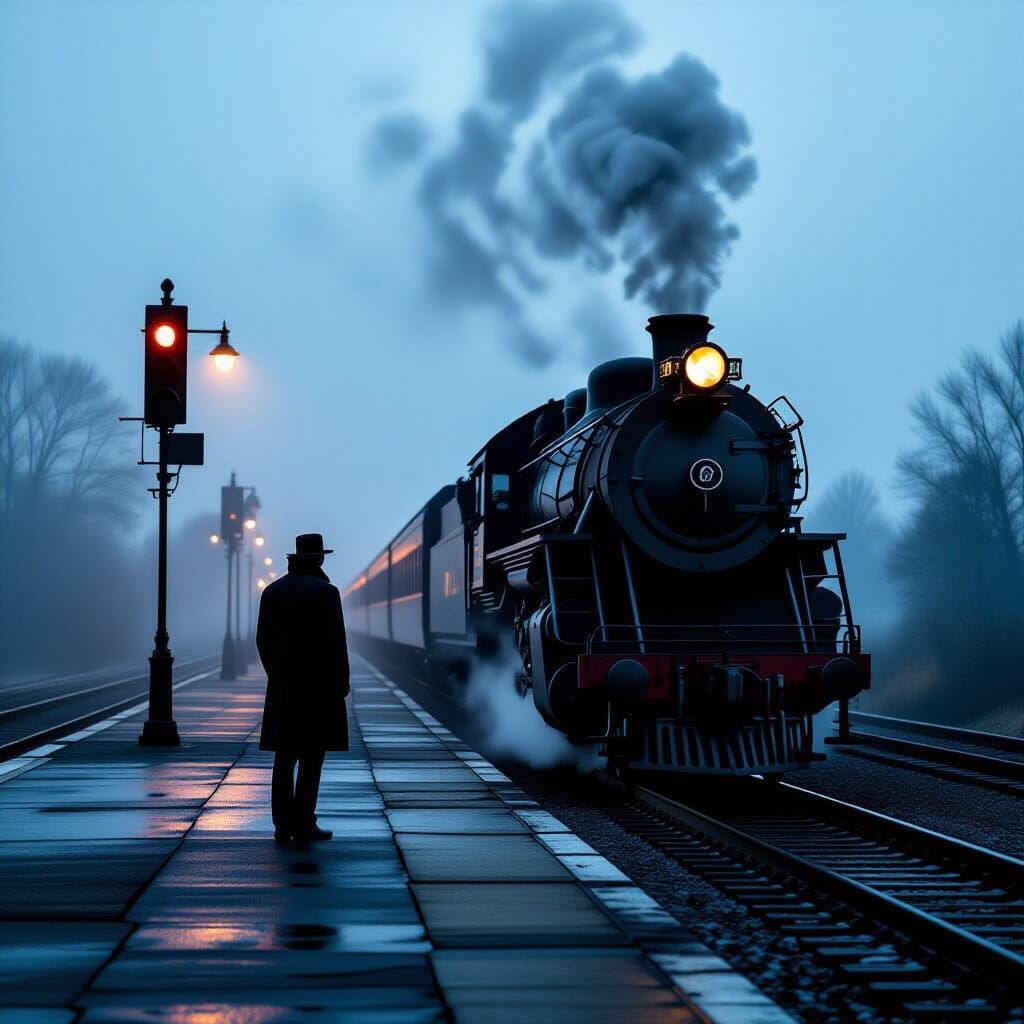 Man on Foggy Train Platform at Twilight
