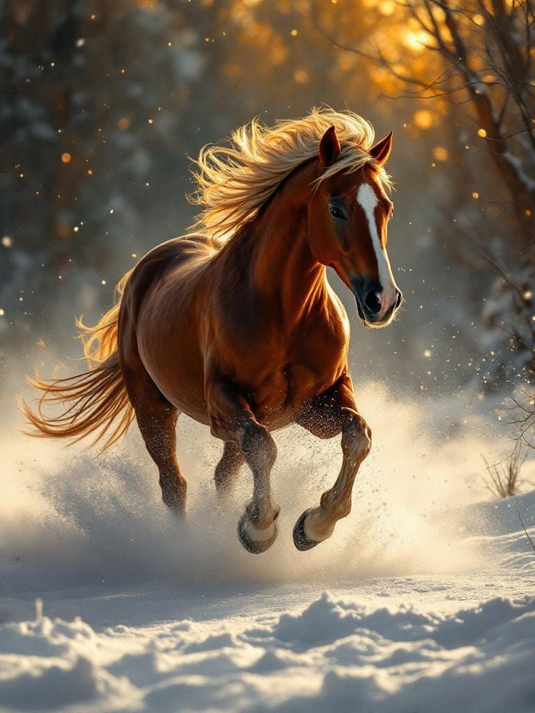 Horse Galloping Through Snowy Woods in Luminous Christmas Gl...