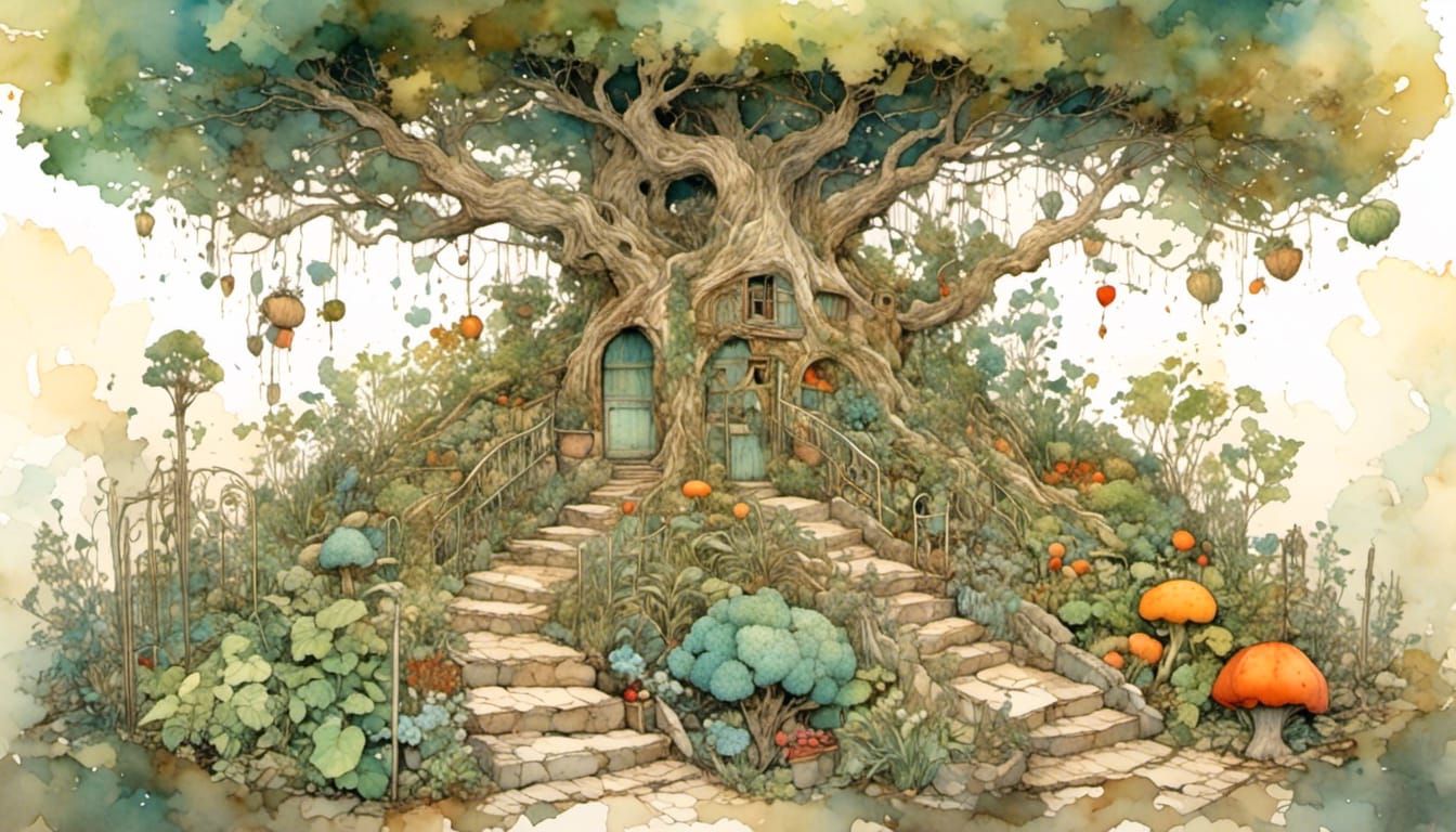 Whimsical Vegetable Garden with Ancient Mother Tree
