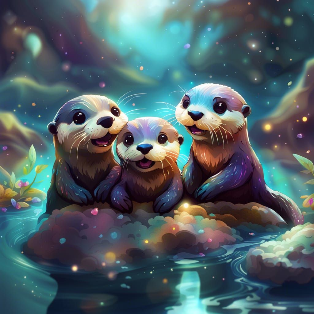 Chibi Otters Playing Joyfully: Holographic Astral Illustrati...