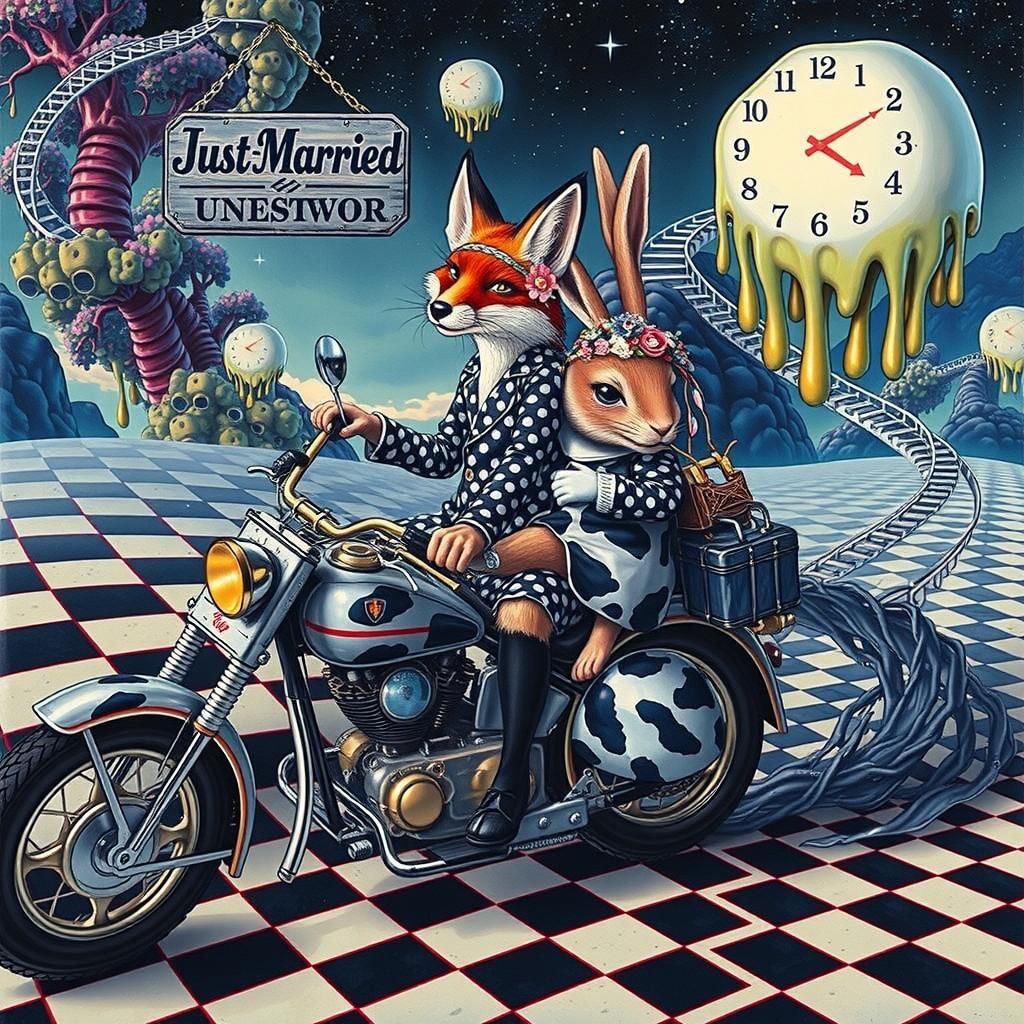 Fox and Rabbit Motorcycle Ride in Ukiyo-e Style