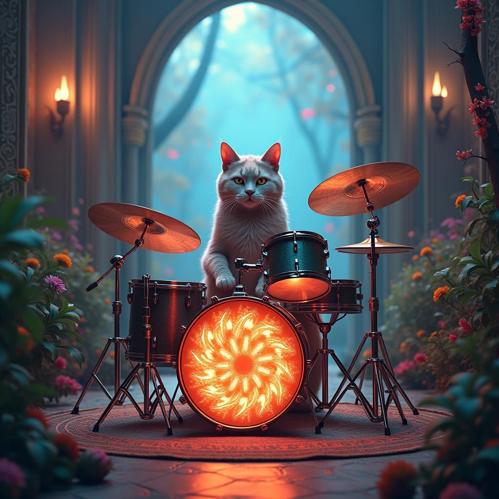 Majestic Cat Drummer in Fantasy Epic Style