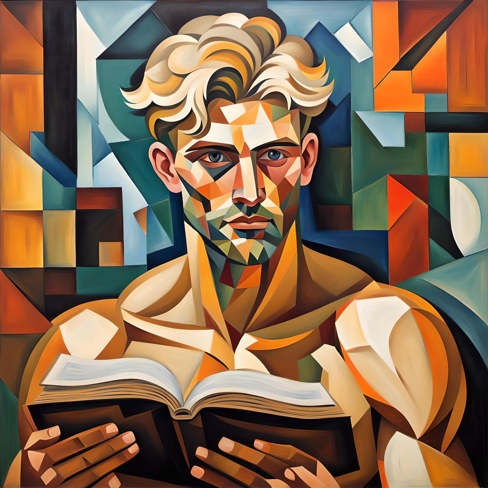 Cubist Painting: Handsome Man Reading and Drinking Coffee