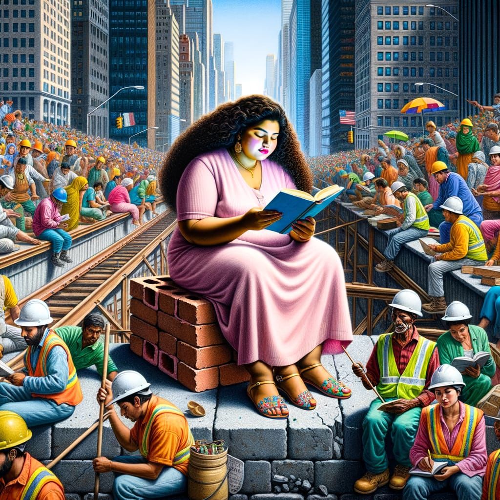 Woman Reading Amidst Chaos, Hyper-Realistic Style