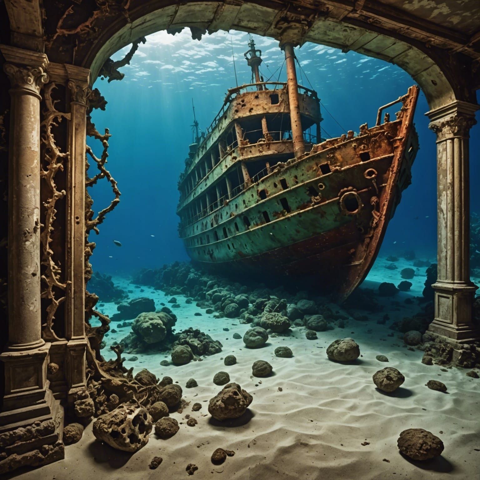 Hyperrealistic Underwater Shipwreck on Seabed