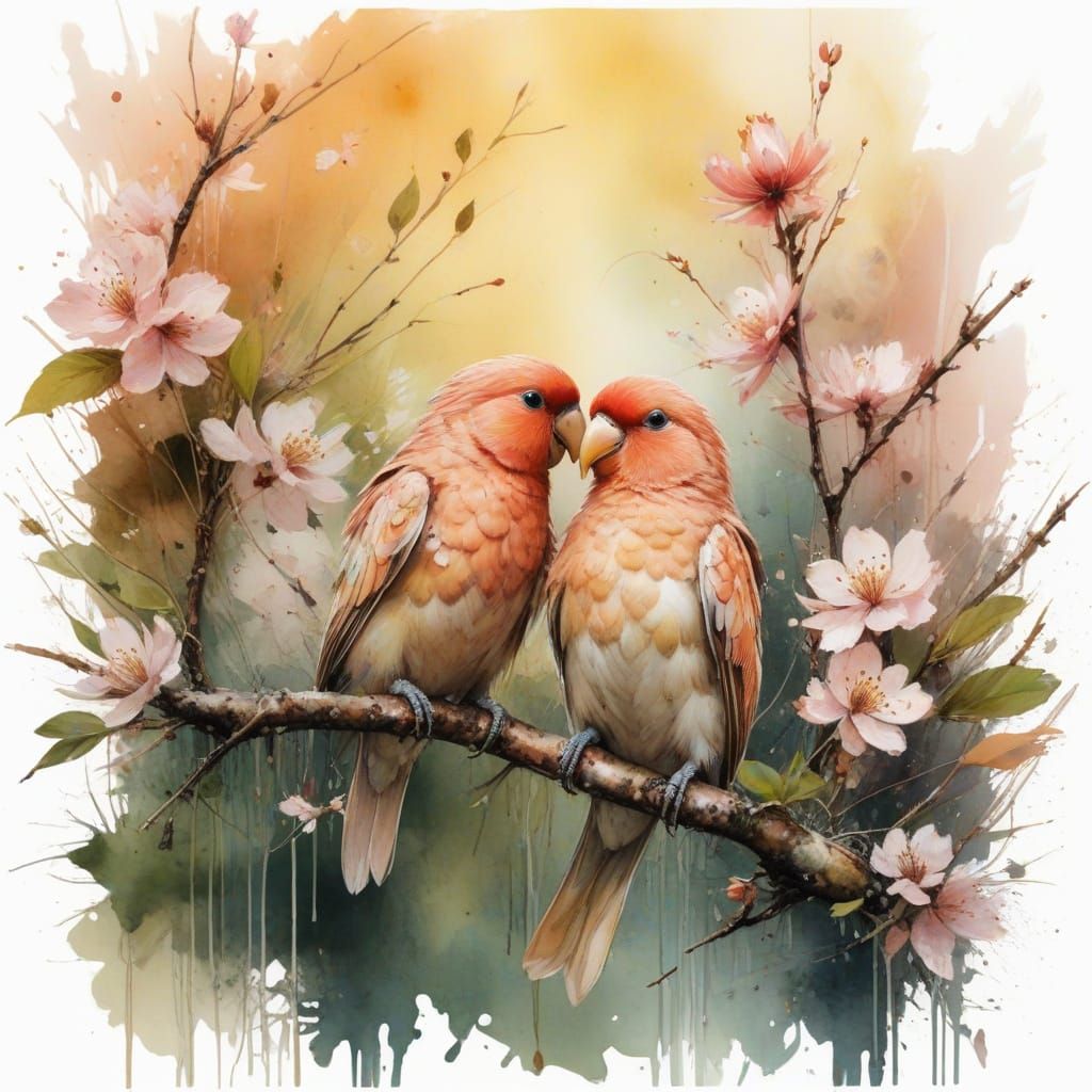 Pastel Lovebirds on Cherry Branch Watercolor Painting