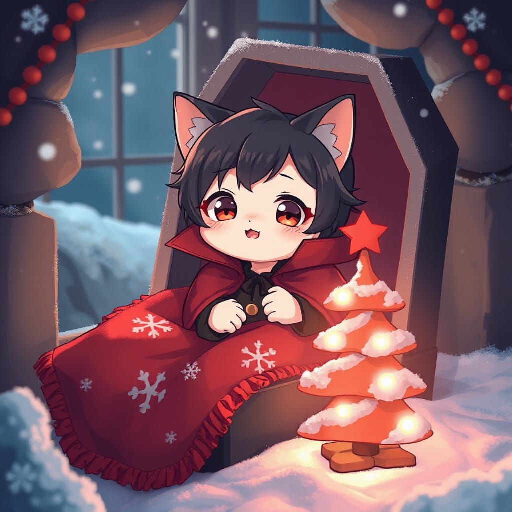 Adorable Chibi Vampire Catboy in Cozy Christmas Crypt