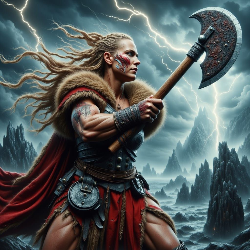 Epic Viking Warrior Woman in Super Hyperrealistic Stormy Lan...