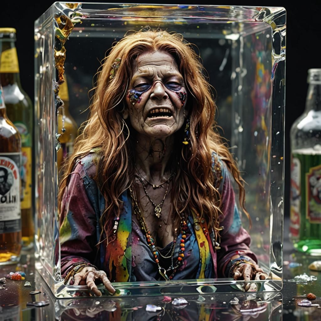 Zombie Janis Joplin in Crystal Cube, Hyperrealistic 3D Art