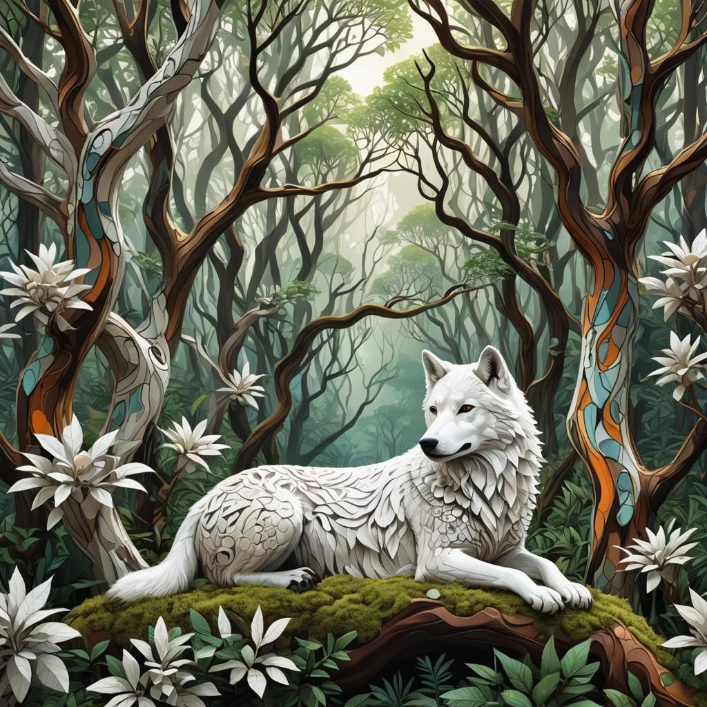 A precious  white wolf rests.