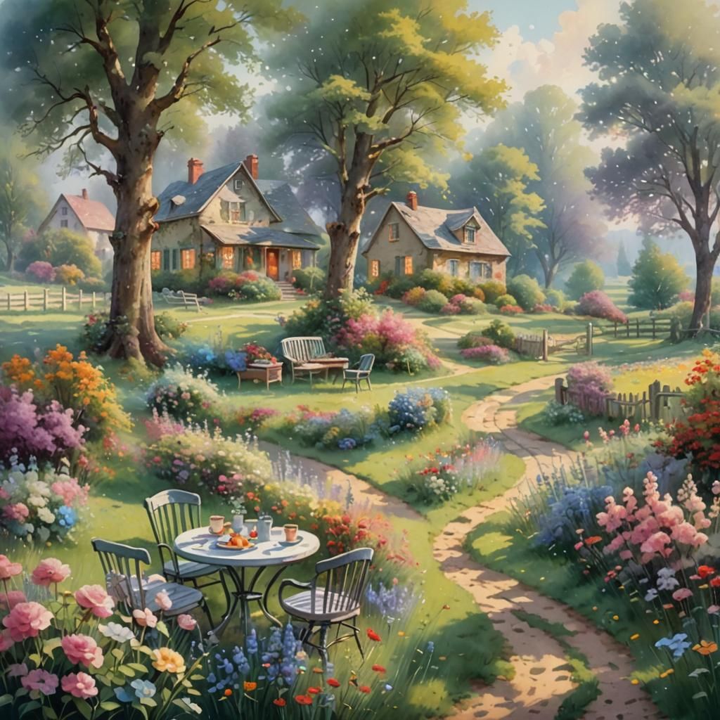 Watercolor House Surrounded by Blossoming Trees