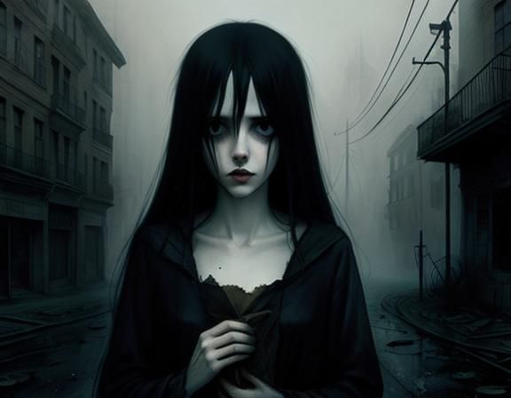 Girl in Abandoned Street: Gothic Horror Illustration