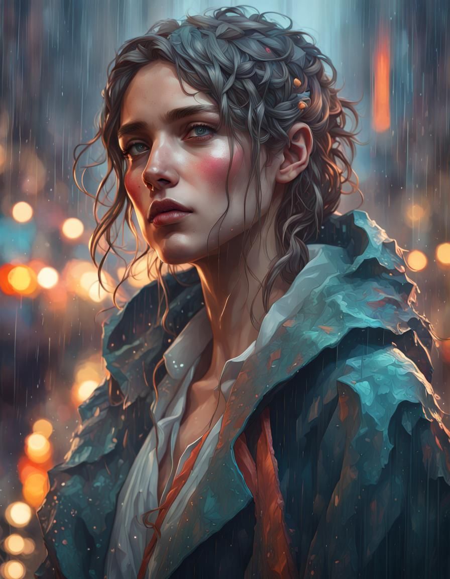 Sad Rainy Portrait in Detailed Art Style