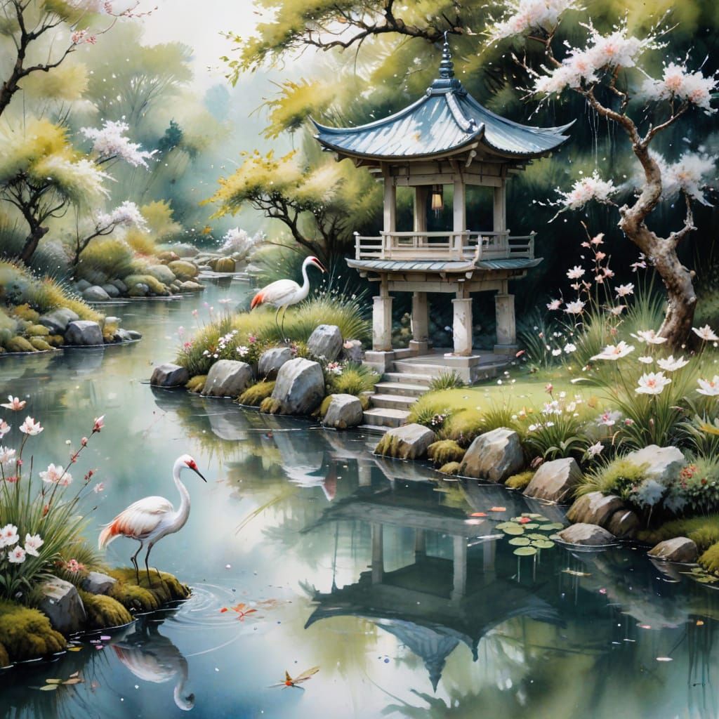 Ethereal Japanese Garden Scene in Stylized Watercolour