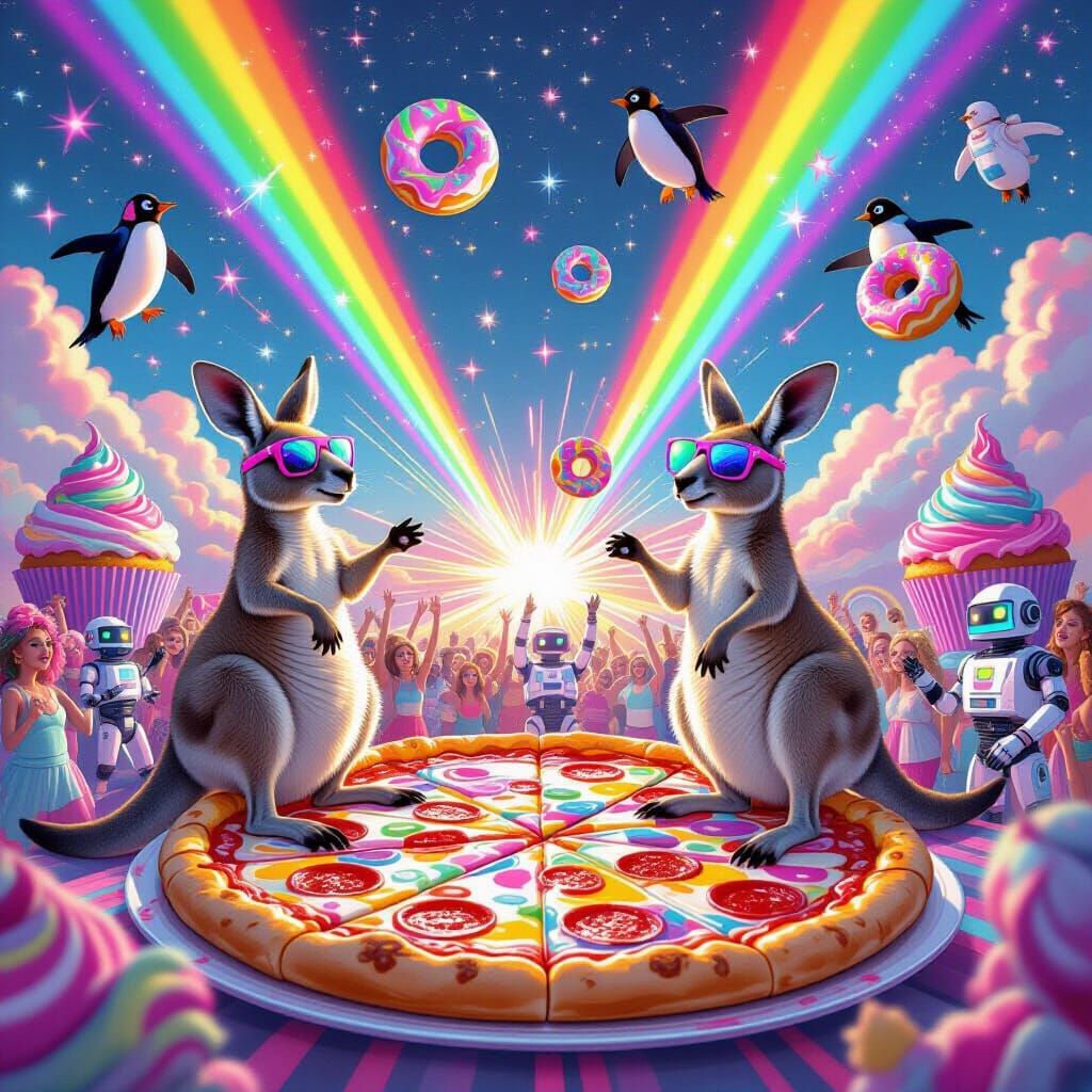 Cosmic Dance Party on Floating Pizza with Kangaroos