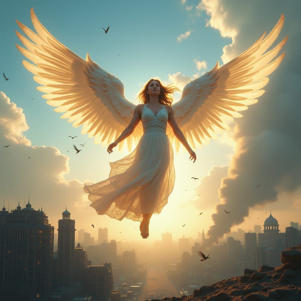 Angel of Peace Rises Above Gaza City in Cyberpunk Concept Ar...