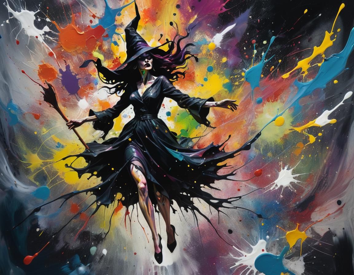 Evil Witch Soaring in Abstract Expressionist Style
